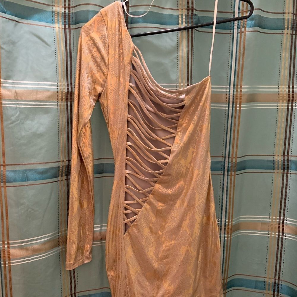 Symphony gold foil snakeskin backless crisscross mini dress one shoulder long si